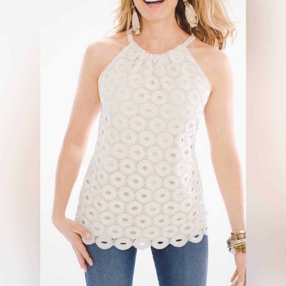 Chico's Crochet Halter Top 100% Cotton Knit Tank Top Scalloped Hem Size 3 XL